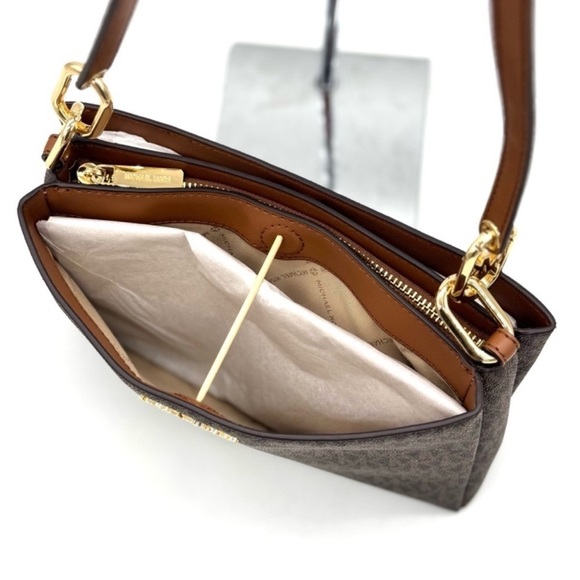Michael Kors Trisha Medium Triple Compartment Crossbody Bag Brown Signature - Picture 7 of 11